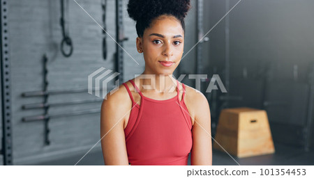 Exercise, motivation and portrait of black woman at the gym ready for workout. Smile, happy and female personal trainer in gymnasium for inspiration in sports, fitness and training for body wellness 101354453