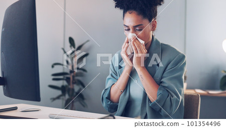 Business, woman and sneeze in office, computer and sickness. Female entrepreneur, administrator and tissue for illness, flu and girl overworked, burnout and employee for corporate planning or startup Business, woman and sneeze in office, computer and sickness. Female entrepreneur, administrator and tissue for illness, flu and girl overworked, burnout and employee for corporate planning or startup 101354496