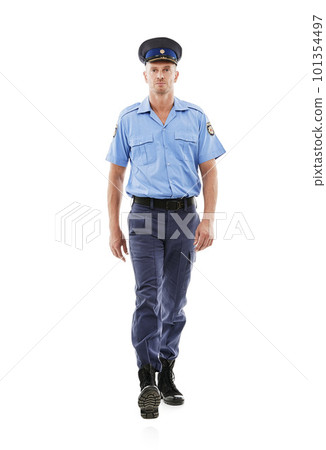Police officer, portrait and man walking for law enforcement march, public safety or security service watch. Protection guard, serious studio sheriff or crime hero isolated on white background Police officer, portrait and man walking for law enforcement march, public safety or security service watch. Protection guard, serious studio sheriff or crime hero isolated on white background 101354497