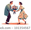 Classic illustration of a man giving a bouquet to a woman 101354567