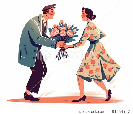 Classic illustration of a man giving a bouquet to a woman 101354567