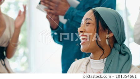 Success, applause and woman with feedback in office at startup business with proud team. Congratulations, cheering and support for winner target achievement with employees clapping hands at desk. 101354661