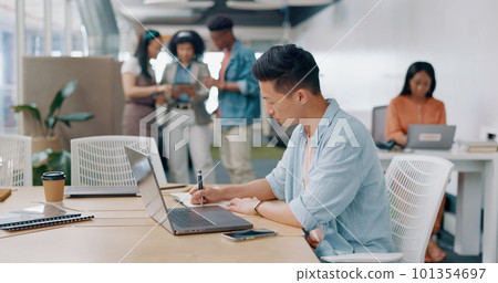 Writing, research and laptop with businessman in office with notebook for thinking, idea or planning. Marketing, administration and strategy with asian employee in startup for review, blog or website 101354697