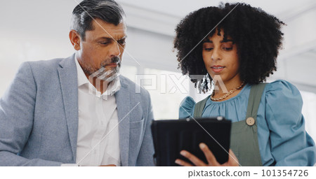 Corporate black woman, businessman or tablet for planning, schedule or analytics in office for teamwork. Woman, senior man and digital tech for social media marketing, strategy or focus in New York Corporate black woman, businessman or tablet for planning, schedule or analytics in office for teamwork. Woman, senior man and digital tech for social media marketing, strategy or focus in New York 101354726