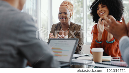 Business people, meeting and applause for promotion, contract or partnership for black woman in office. Group, management team or congratulations handshake in workplace for success, goal or career 101354751