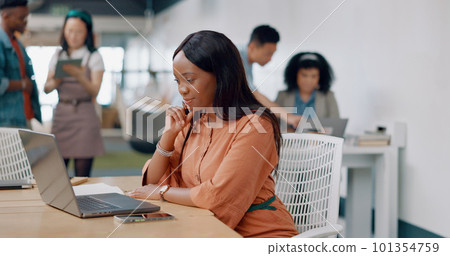 Black woman, thinking and laptop for digital marketing, writing notes or online schedule in modern office. African American female, administrator and creative with idea, planning advertising or focus Black woman, thinking and laptop for digital marketing, writing notes or online schedule in modern office. African American female, administrator and creative with idea, planning advertising or focus 101354759
