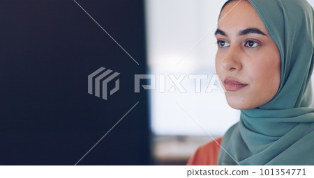 Islamic woman, phone call and talking in office for internet communication, b2b business conversation and happy employee working on computer. Muslim worker, happiness and speaking on smartphone 101354771