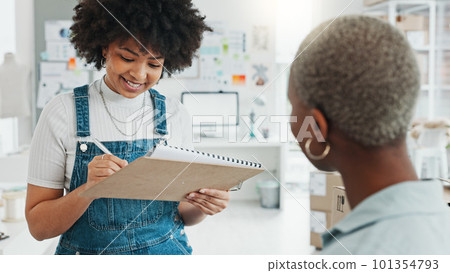 Black woman, delivery and logistics, at work in office or studio in conversation on supply chain. Women, business and shipping of package of stock, product or order from courier sign paper for cargo Black woman, delivery and logistics, at work in office or studio in conversation on supply chain. Women, business and shipping of package of stock, product or order from courier sign paper for cargo 101354793
