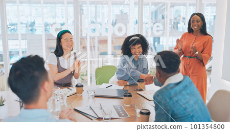 Welcome, handshake and applause with business people in meeting for onboarding, partnership and success. Deal, congratulations and achievement with employee in boardroom for planning, target and sale Welcome, handshake and applause with business people in meeting for onboarding, partnership and success. Deal, congratulations and achievement with employee in boardroom for planning, target and sale 101354800