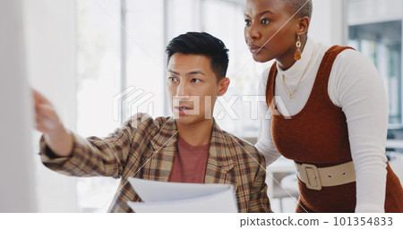 Leadership, black woman or manager mentoring an employee on SEO digital marketing strategy or feedback. Computer, report paperwork or advertising expert coaching, helping or training Japanese worker 101354833