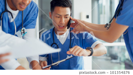 Busy, phone call and doctor with medical paperwork, hospital chaos and anxiety from healthcare work. Clinic schedule, communication and Asian nurse with help from employees during overwhelming agenda Busy, phone call and doctor with medical paperwork, hospital chaos and anxiety from healthcare work. Clinic schedule, communication and Asian nurse with help from employees during overwhelming agenda 101354876