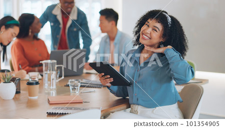 Face, leadership and black woman with tablet in meeting for advertising or marketing strategy. Ceo, boss and female entrepreneur with touchscreen for internet browsing, email or research in office. Face, leadership and black woman with tablet in meeting for advertising or marketing strategy. Ceo, boss and female entrepreneur with touchscreen for internet browsing, email or research in office. 101354905