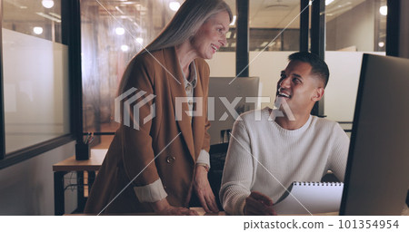 Computer, communication and senior night manager, mentor or leader talking about investment, stock market or financial research. Economy, management and ceo with trader working on nft bitcoin trading 101354954