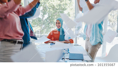 Success, goals or team with documents in air to celebrate meeting office kpi sales target for business growth. Paperwork, Muslim woman or excited people in celebration of winning or group achievement 101355087