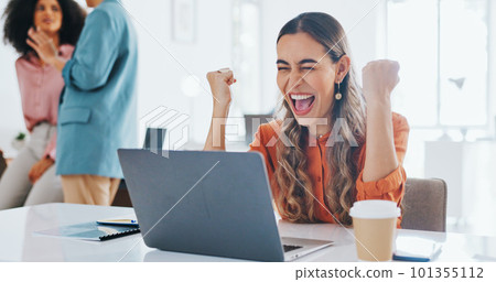Yes, success and winner with business woman and celebration, happy with achievement, kpi and target goal with promotion. Bonus, celebrate and fist pump, professional victory with laptop and cheers. 101355112