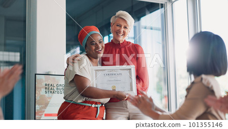 Applause, award and handshake with business woman in meeting for goal, thank you and winner. Celebration, praise and promotion with black woman and certificate for support, achievement or success 101355146