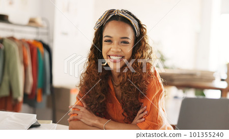 Ecommerce, fashion and designer at desk, startup girl boss with smile on face and clothing store. Small business success, work from home and young black woman with vision for online shopping company. 101355240