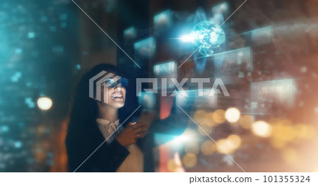 Woman, tech overlay and phone in office for finance research, data analytics or digital job in night. Cybersecurity expert, fintech or happy in dark workplace with 3d hologram abstract in programming 101355324