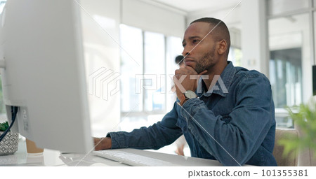 Office computer, thinking and black man reading feedback review of social network, customer experience or ecommerce. Website analytics, research report and media employee doing online survey analysis 101355381