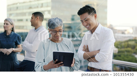 Business people diversity, tablet or office balcony in digital marketing research, strategy planning or calendar management. Mature ceo, talking manager or internship training schedule on technology Business people diversity, tablet or office balcony in digital marketing research, strategy planning or calendar management. Mature ceo, talking manager or internship training schedule on technology 101355430