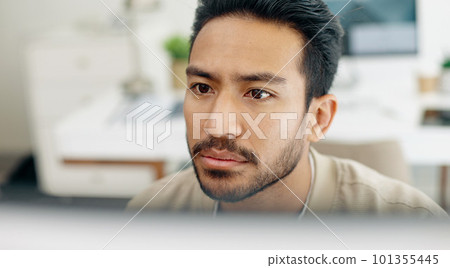 Asian man, face thinking and idea with computer, planning and brainstorming for success in programming. Tech startup worker, executive focus and solution with innovation by desktop pc in workplace Asian man, face thinking and idea with computer, planning and brainstorming for success in programming. Tech startup worker, executive focus and solution with innovation by desktop pc in workplace 101355445