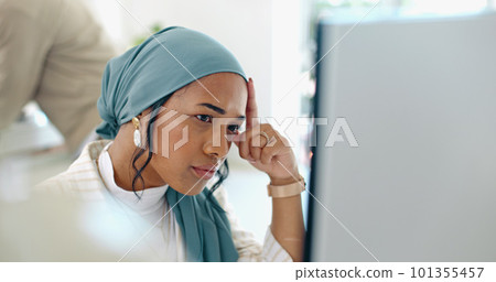 Hijab, headache and business woman burnout at a office computer feeling anxiety and stress. Finance employee, islam and muslim female at work doing tax audit at a computer worried about mistake Hijab, headache and business woman burnout at a office computer feeling anxiety and stress. Finance employee, islam and muslim female at work doing tax audit at a computer worried about mistake 101355457
