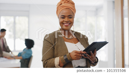 Business woman face, tablet or office boardroom for digital marketing management, teamwork meeting schedule or kpi data analysis. Portrait, smile or happy creative designer on advertising technology 101355506