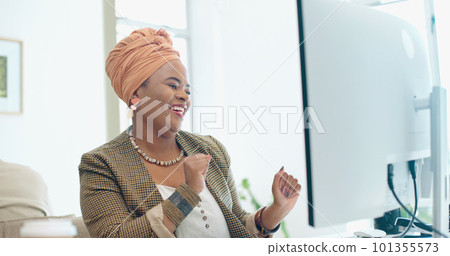 Black woman, computer and fist celebration in office for success, promotion or winning at desk. Corporate African executive smile, winner celebrate and pc for email, motivation or performance bonus 101355573