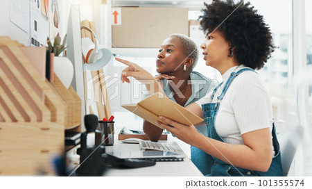 Black, women and business startup of employee working with coach on marketing plan or strategy on computer. African woman in teamwork discussion for company ideas, advertising products for ecommerce 101355574