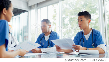 Handshake, welcome and doctors in an interview, planning meeting and healthcare schedule at a hospital. Support, partnership and medical employees shaking hands, agenda communication and solidarity Handshake, welcome and doctors in an interview, planning meeting and healthcare schedule at a hospital. Support, partnership and medical employees shaking hands, agenda communication and solidarity 101355622