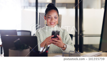 Phone, business woman and typing in office, social media or internet browsing. Tech, mobile or happy female with smartphone for networking, web scrolling or laughing at comic online meme in workplace 101355739