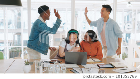 Celebration, laptop and business people high five, applause and celebrate goals, targets or achievement. Teamwork, winner and group collaboration of employees on pc clapping and celebrating success. Celebration, laptop and business people high five, applause and celebrate goals, targets or achievement. Teamwork, winner and group collaboration of employees on pc clapping and celebrating success. 101355769