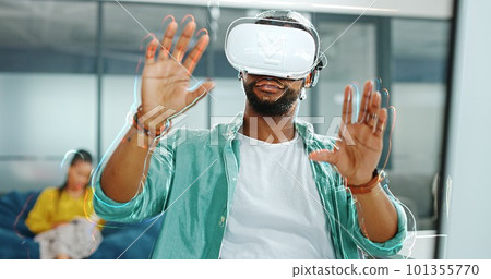 Virtual reality metaverse, augmented reality vr and black man work on cyber dashboard, digital transformation or ai software. Futuristic, headset and creative graphic designer with future simulation 101355770