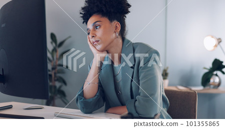 Business, computer and woman tired, burnout and headache with work, schedule and planning in office. Female, ceo and entrepreneur overworked, stress and depression with pain, mental health and online 101355865