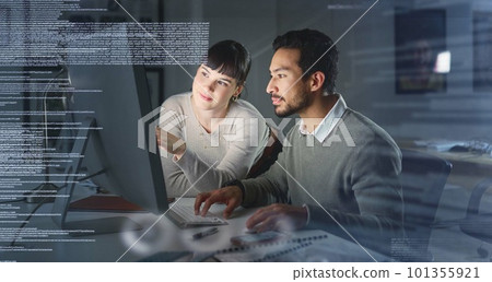 Business people, code with collaboration and information technology, computer for coding, partnership and overlay. Software development, team meeting and man with woman in office, focus and typing 101355921