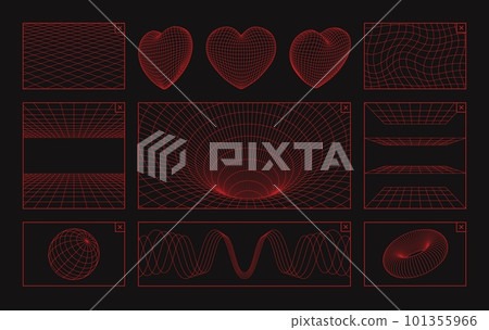 Grid 3d symbols. Future poster wireframe 90s elements. Neon geometric meshes, futuristic y2k line patterns, heart and wave cyberpunk shape editable stroke paths. Vector set 101355966