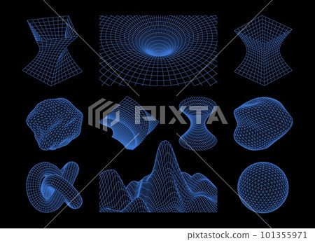 Wireframe shapes. 3d geometric mesh abstract elements. Cyberpunk futuristic line objects. Retro vaporwave synthwave vector set 101355971