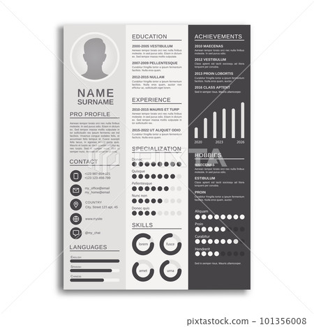 CV template. Professional creative design personal resume, curriculum vitae in modern style, letterhead presentation for interview in corporation. Vector illustration 101356008