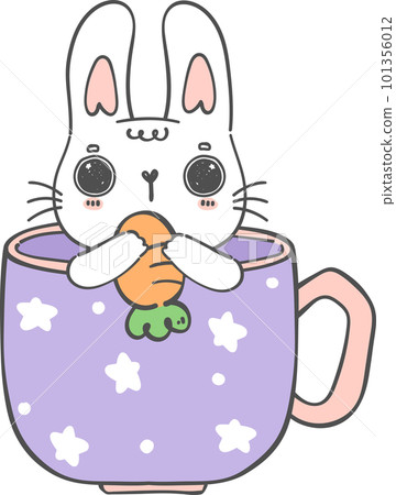 Cute happy smile white rabbit bunny in coffee cup adorable doodle cartoon drawing Cute happy smile white rabbit bunny in coffee cup adorable doodle cartoon drawing 101356012