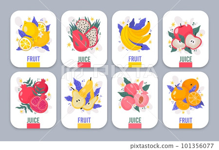 Fruits and berries juice labels. Hand drawn juicy fresh organic fruit. Natural tropical fruit, apple and pear, lemon and citrus tags 101356077