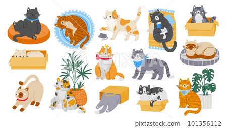 Cartoon cute pet cats character. Different kitten activities, playing with toys, sleeping on rugs and relaxing in boxes isolated on white background. Vector set 101356112