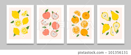 Abstract flat posters with fruit. Cartoon poster with tropical appetizing citrus, organic berry, fresh pear and apple, sweat peach on background. Vector set Abstract flat posters with fruit. Cartoon poster with tropical appetizing citrus, organic berry, fresh pear and apple, sweat peach on background. Vector set 101356131