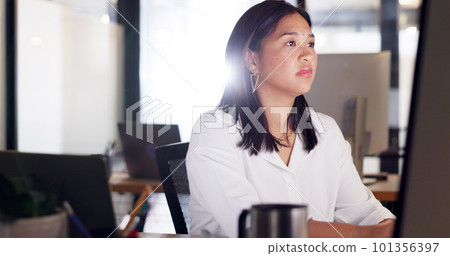 Business, computer and asian woman planning, typing and working online for company administration, research ideas and web analytics. Focus employee at desktop, internet technology and email in office 101356397