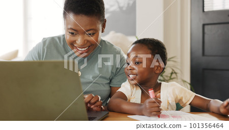 Teaching, learning and black family and child in home with laptop and color book happy with online education, kids website and online digital guide. Happy african mother with girl writing development Teaching, learning and black family and child in home with laptop and color book happy with online education, kids website and online digital guide. Happy african mother with girl writing development 101356464