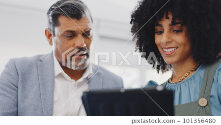 Corporate black woman, businessman or tablet for planning, schedule or analytics in office for teamwork. Woman, senior man and digital tech for social media marketing, strategy or focus in New York 101356480