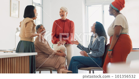 Business women, diversity and conversation with collaboration and business meeting with team in workplace. Business people, talking and listening with teamwork, communication and team building 101356532
