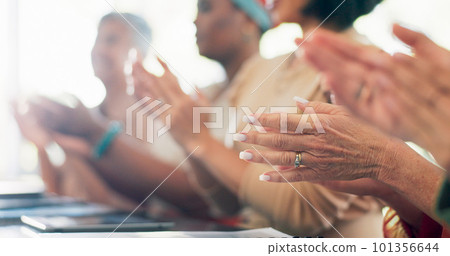 Success, business meeting and team clapping hands for an achievement, celebration or congratulations. Applause, good news and group of corporate employees celebrating successful teamwork in workplace 101356644
