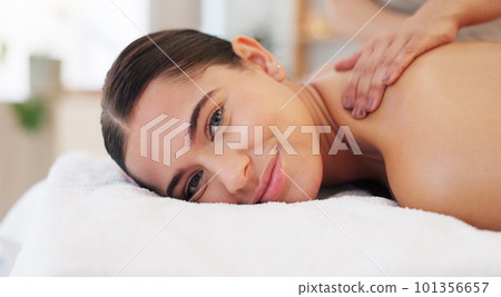 Portrait, masseuse and woman back for massage to relax, happy and enjoy wellness for health, fitness or smile. Peaceful female, calm lady and spa for physical therapy, body treatment or stress relief Portrait, masseuse and woman back for massage to relax, happy and enjoy wellness for health, fitness or smile. Peaceful female, calm lady and spa for physical therapy, body treatment or stress relief 101356657