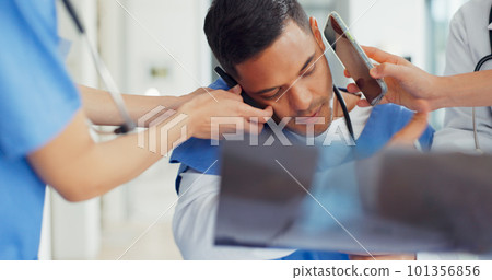 Doctor stress, burnout and people hands for phone call, documents and x ray working on time management, hospital and clinic problem. Healthcare, overworked and medical nurse or employee in office Doctor stress, burnout and people hands for phone call, documents and x ray working on time management, hospital and clinic problem. Healthcare, overworked and medical nurse or employee in office 101356856