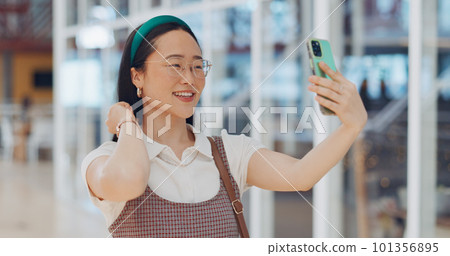 Selfie, phone and asian business woman smile in office for social media, marketing and employee happiness. Smartphone photography, happy management motivation and positive mindset success on mobile 101356895